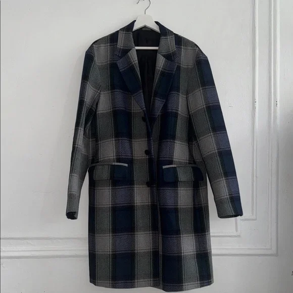 Acne Studios Oversized Plaid Wool Blend Coat in Navy, Grey & Green size US38 - Picture 1 of 14